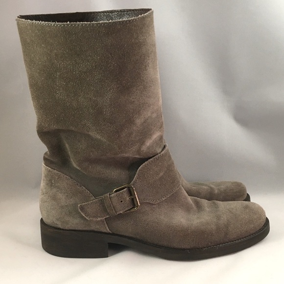 Dixon Grey Suede Size 7 JCrew Mid Calf Pull On Moto Boot w Gold Buckle Detail - Picture 8 of 12